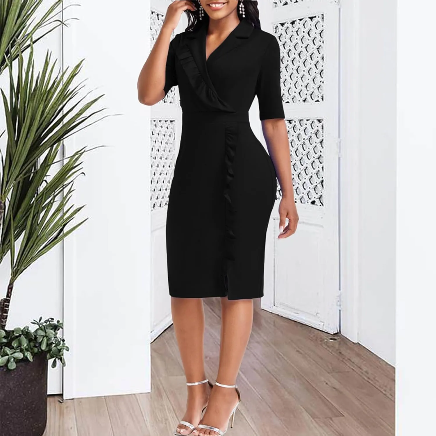 Elegant Church Dress for Women Casual Lapel Ruffle Pencil Classy Knee Length Dinner Party Midi Teens Dress