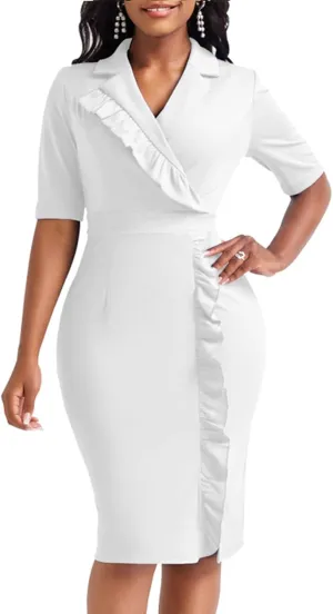Elegant Church Dress for Women Casual Lapel Ruffle Pencil Classy Knee Length Dinner Party Midi Teens Dress