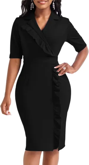 Elegant Church Dress for Women Casual Lapel Ruffle Pencil Classy Knee Length Dinner Party Midi Teens Dress