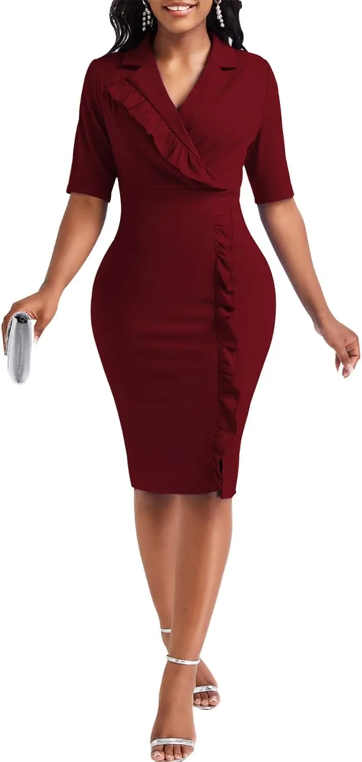 Elegant Church Dress for Women Casual Lapel Ruffle Pencil Classy Knee Length Dinner Party Midi Teens Dress