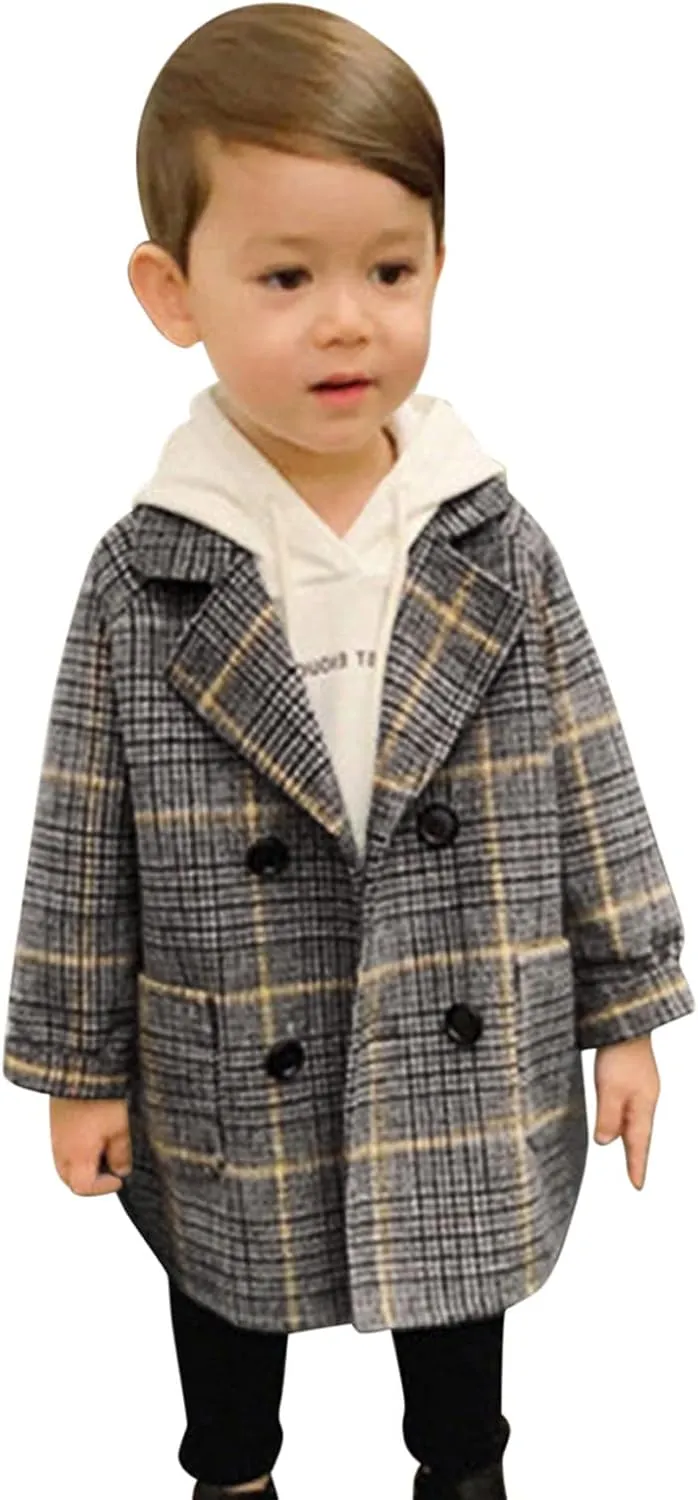 EnJoCho Kids Boys Coat Plaid Elegant Notched Collar Double Breasted Wool Blend Jacket Winter Trench Coat 12M-5Years (Gray-01, 4-5 Years)