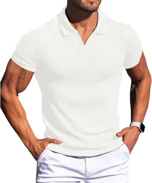 evzosrz Mens Short Sleeve Polo Shirts Slim Fit V Neck Muscle Tshirts Casual Ribbed Textured Stripe Knit Quick-Dry Golf Shirts
