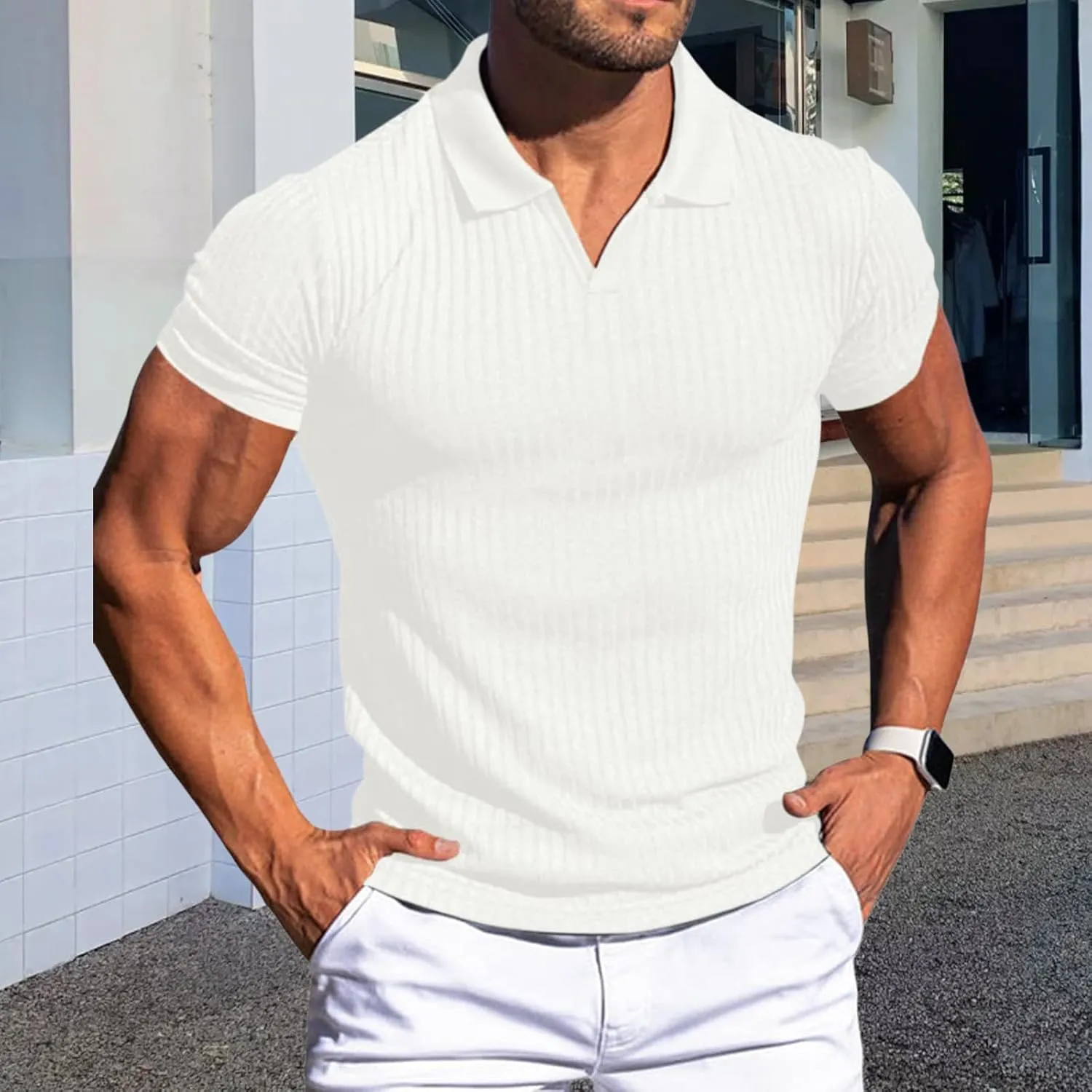 evzosrz Mens Short Sleeve Polo Shirts Slim Fit V Neck Muscle Tshirts Casual Ribbed Textured Stripe Knit Quick-Dry Golf Shirts