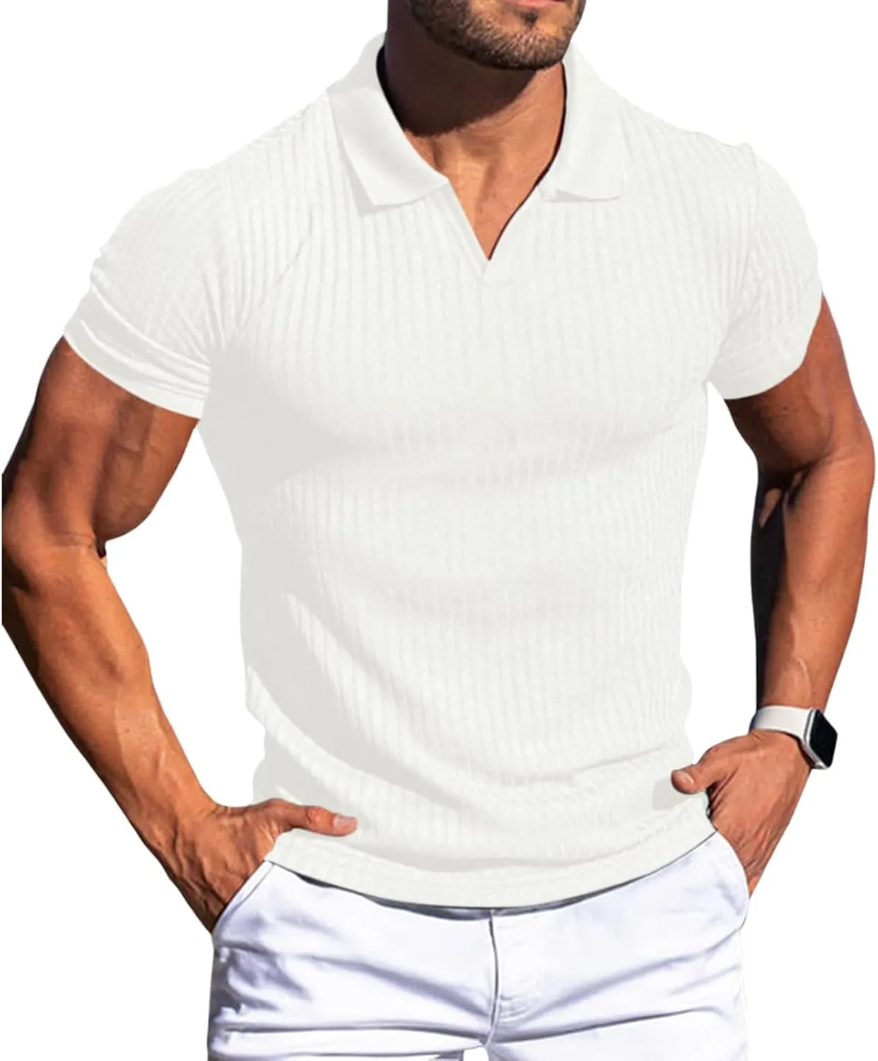 evzosrz Mens Short Sleeve Polo Shirts Slim Fit V Neck Muscle Tshirts Casual Ribbed Textured Stripe Knit Quick-Dry Golf Shirts