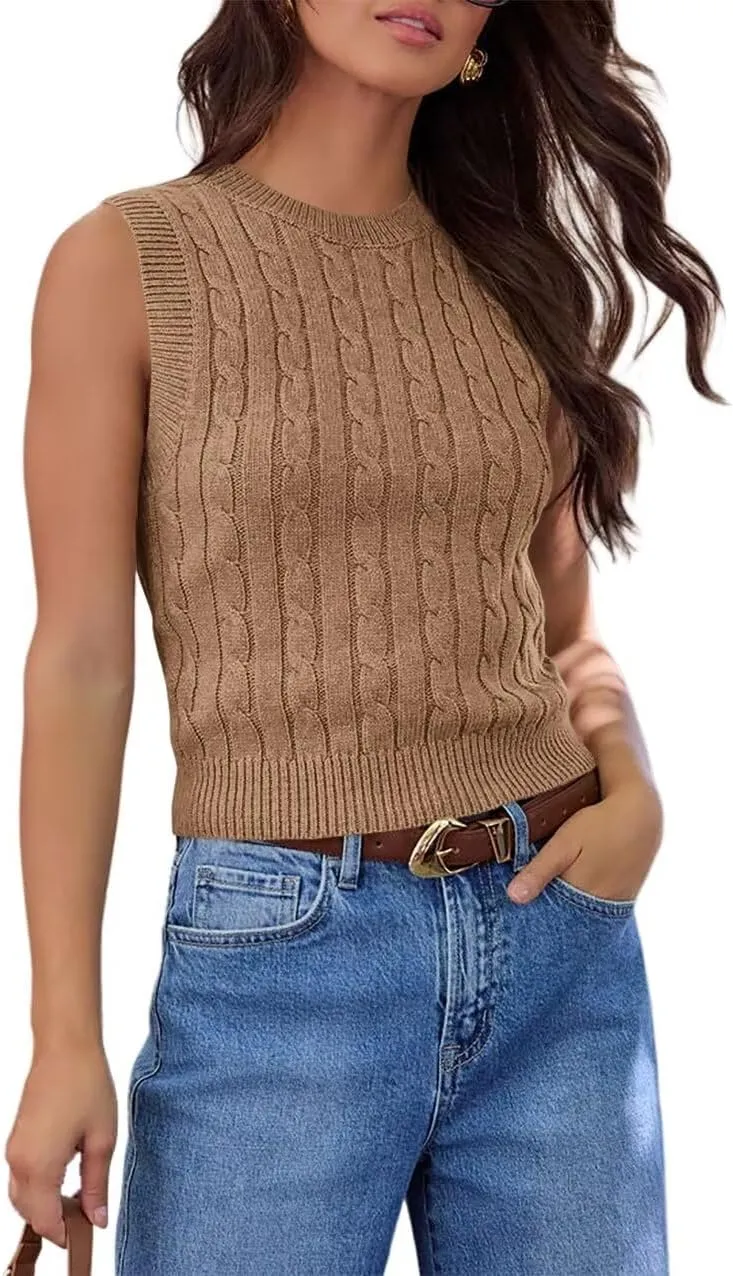 Ezbelle Women's Summer Crop Shirts Sleeveless Tops Cable Knit Tank Work Sweaters Vest Trendy Outfits