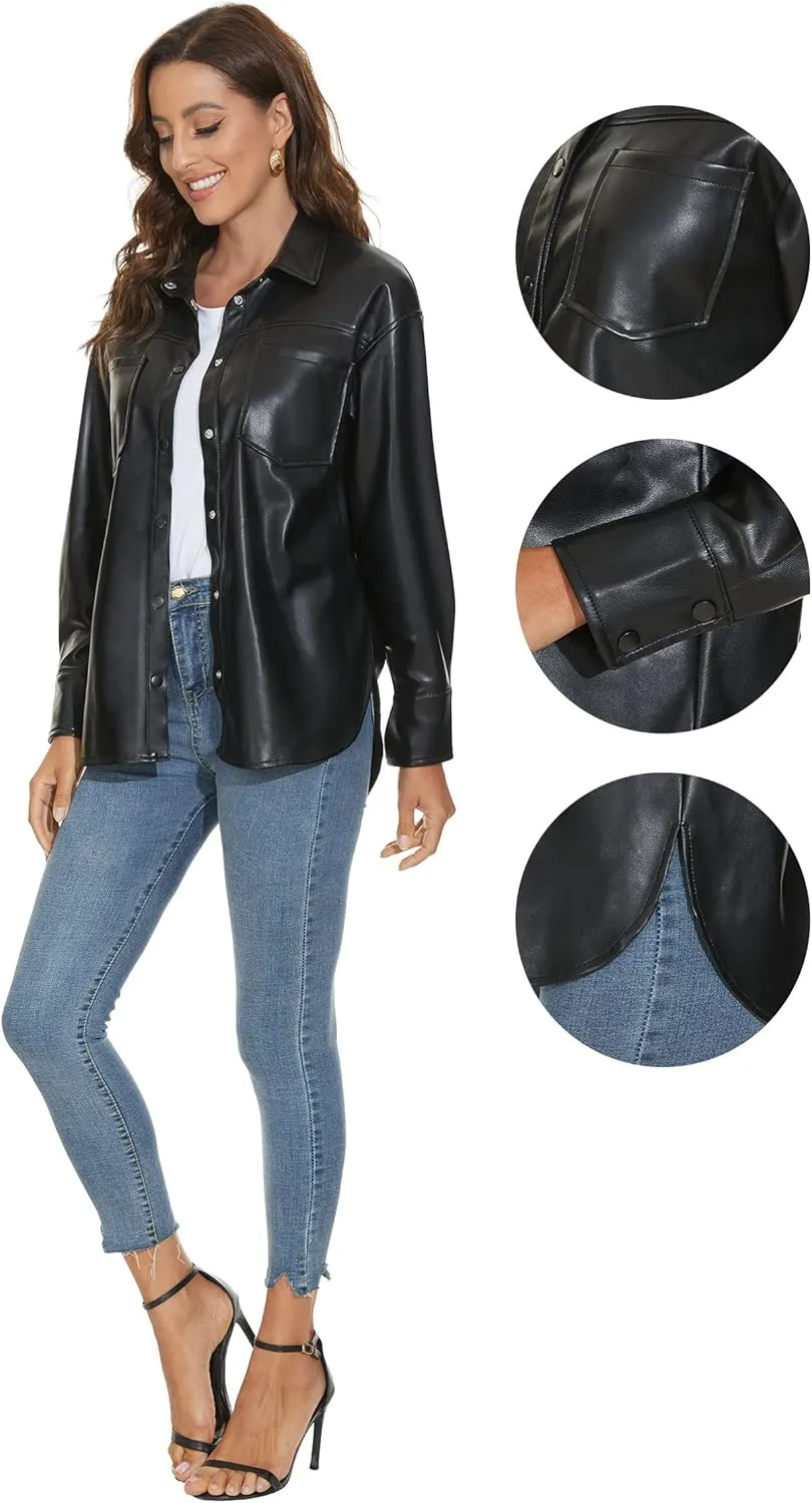 Fahsyee Women Faux Leather Shacket Moto Biker Shirts Loose Fit Blazer Long Sleeves Button Casual Jacket Plus Size S-XXL