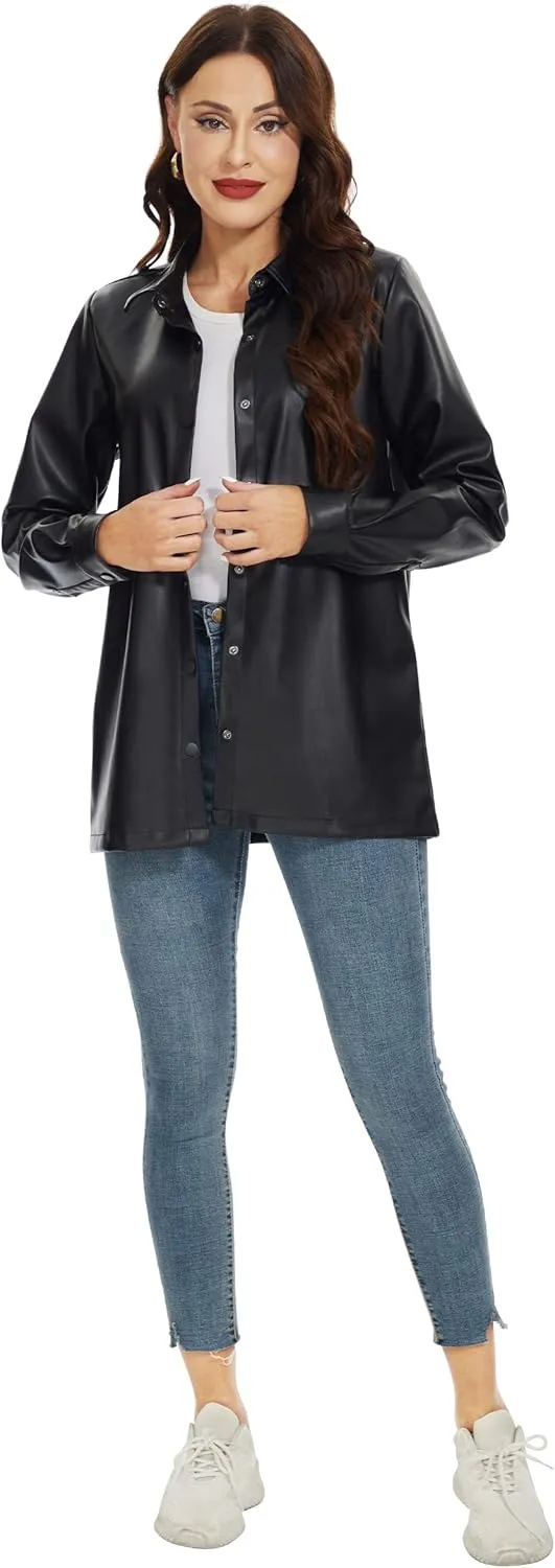 Fahsyee Women Faux Leather Shacket Moto Biker Shirts Loose Fit Blazer Long Sleeves Button Casual Jacket Plus Size S-XXL