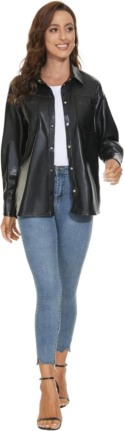 Fahsyee Women Faux Leather Shacket Moto Biker Shirts Loose Fit Blazer Long Sleeves Button Casual Jacket Plus Size S-XXL
