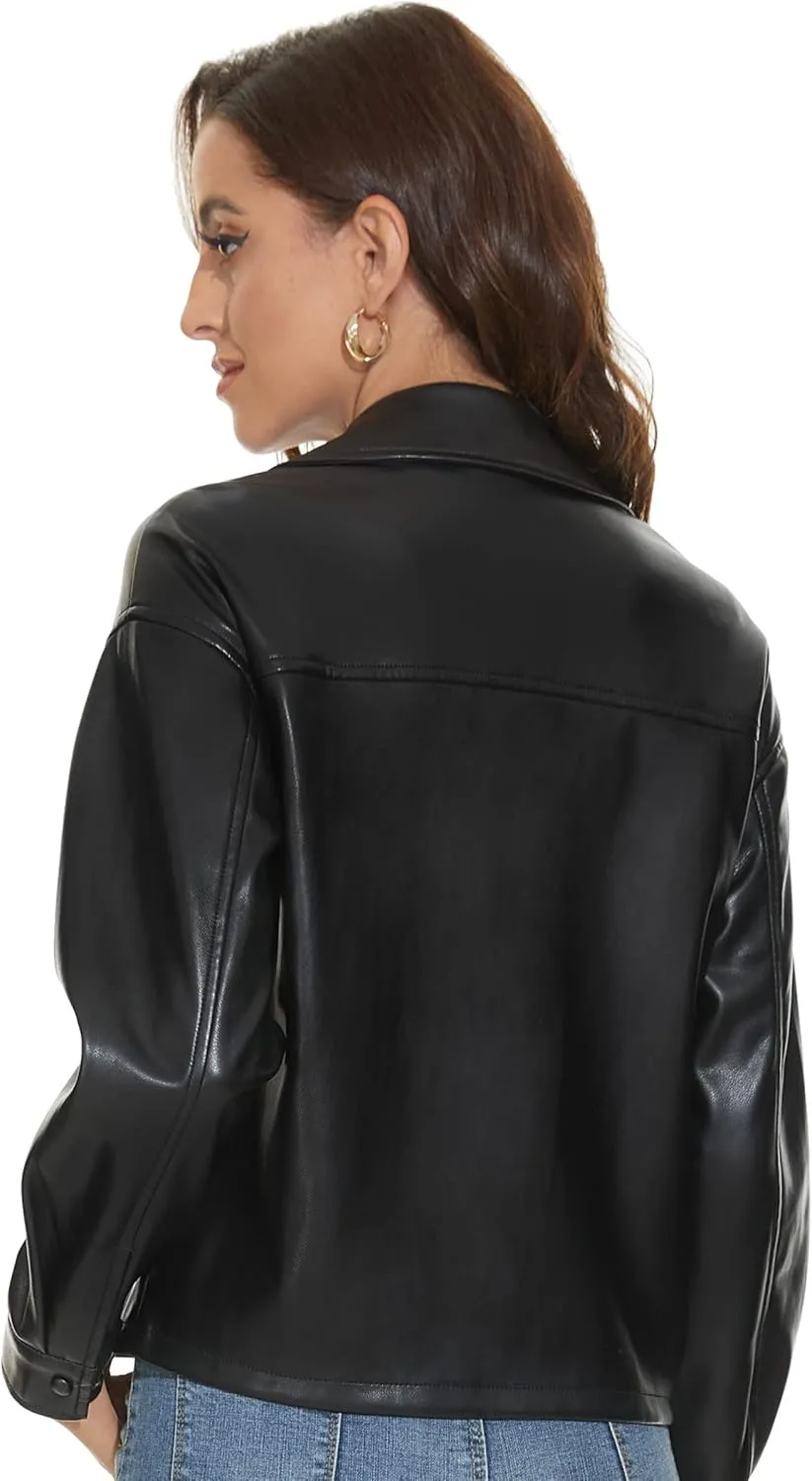 Fahsyee Women Faux Leather Shacket Moto Biker Shirts Loose Fit Blazer Long Sleeves Button Casual Jacket Plus Size S-XXL