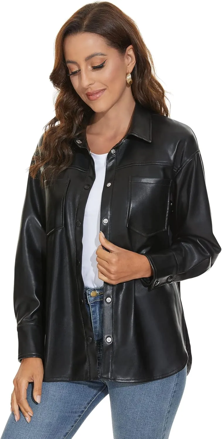 Fahsyee Women Faux Leather Shacket Moto Biker Shirts Loose Fit Blazer Long Sleeves Button Casual Jacket Plus Size S-XXL