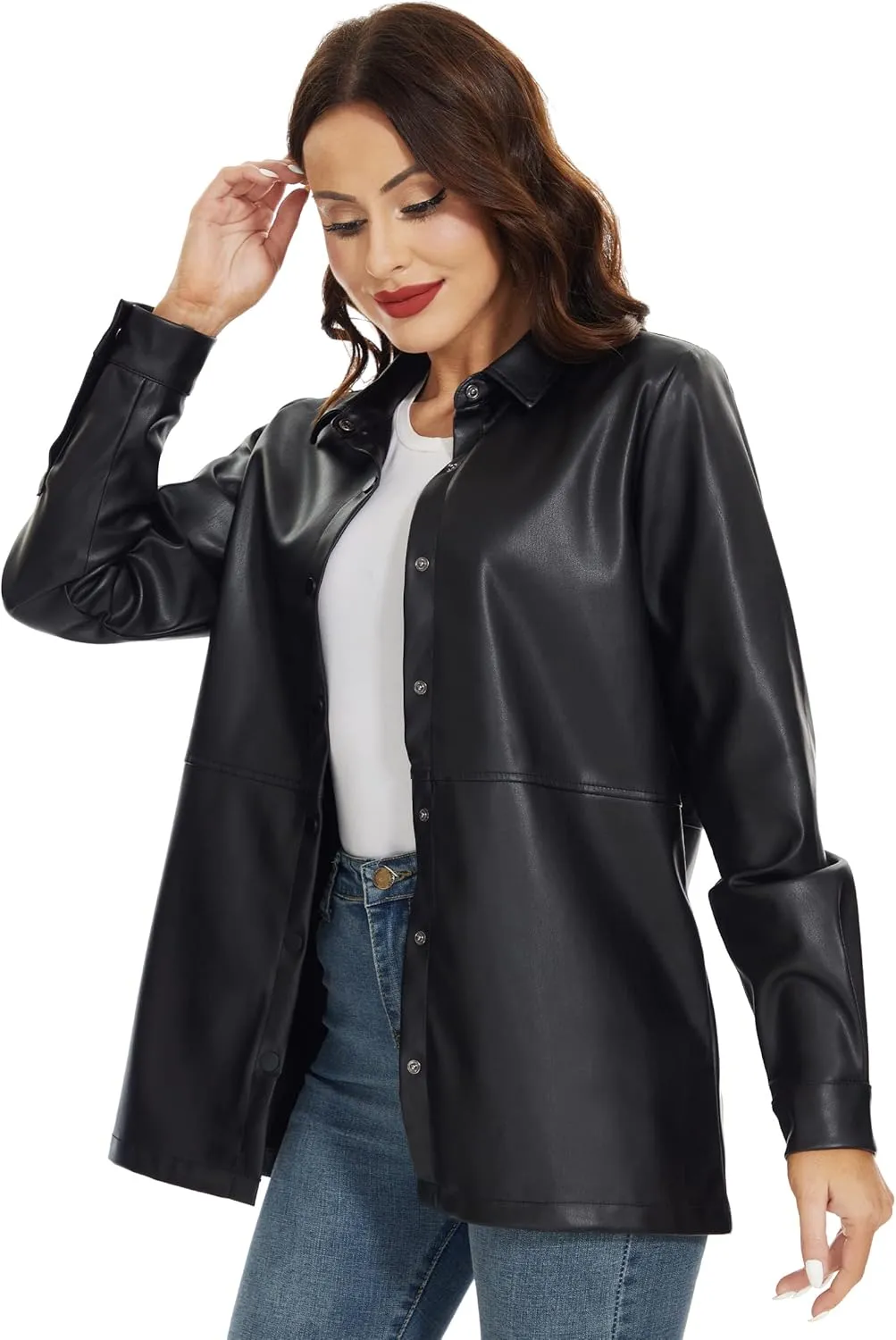 Fahsyee Women Faux Leather Shacket Moto Biker Shirts Loose Fit Blazer Long Sleeves Button Casual Jacket Plus Size S-XXL