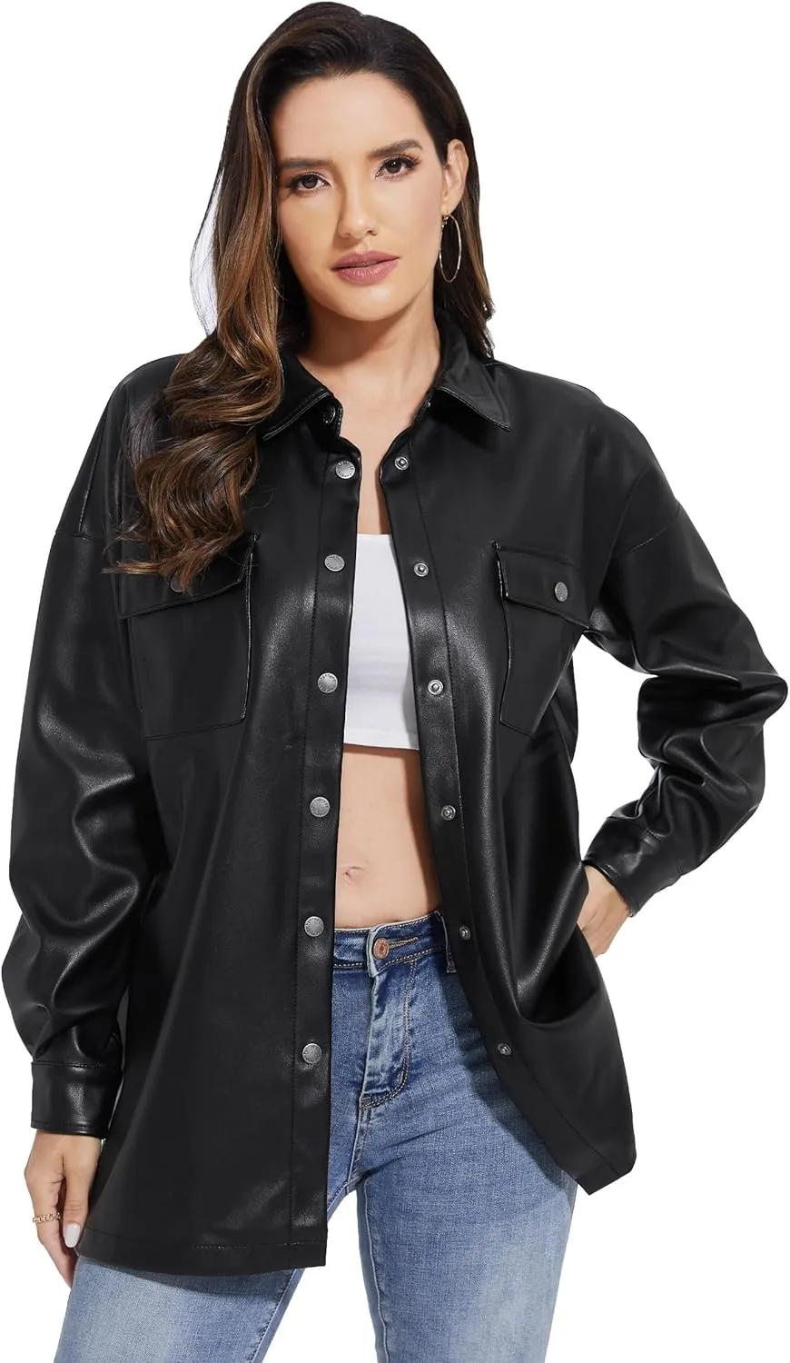 Fahsyee Women Faux Leather Shacket Moto Biker Shirts Loose Fit Blazer Long Sleeves Button Casual Jacket Plus Size S-XXL