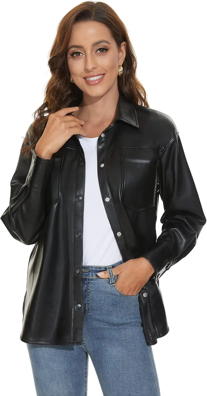 Fahsyee Women Faux Leather Shacket Moto Biker Shirts Loose Fit Blazer Long Sleeves Button Casual Jacket Plus Size S-XXL