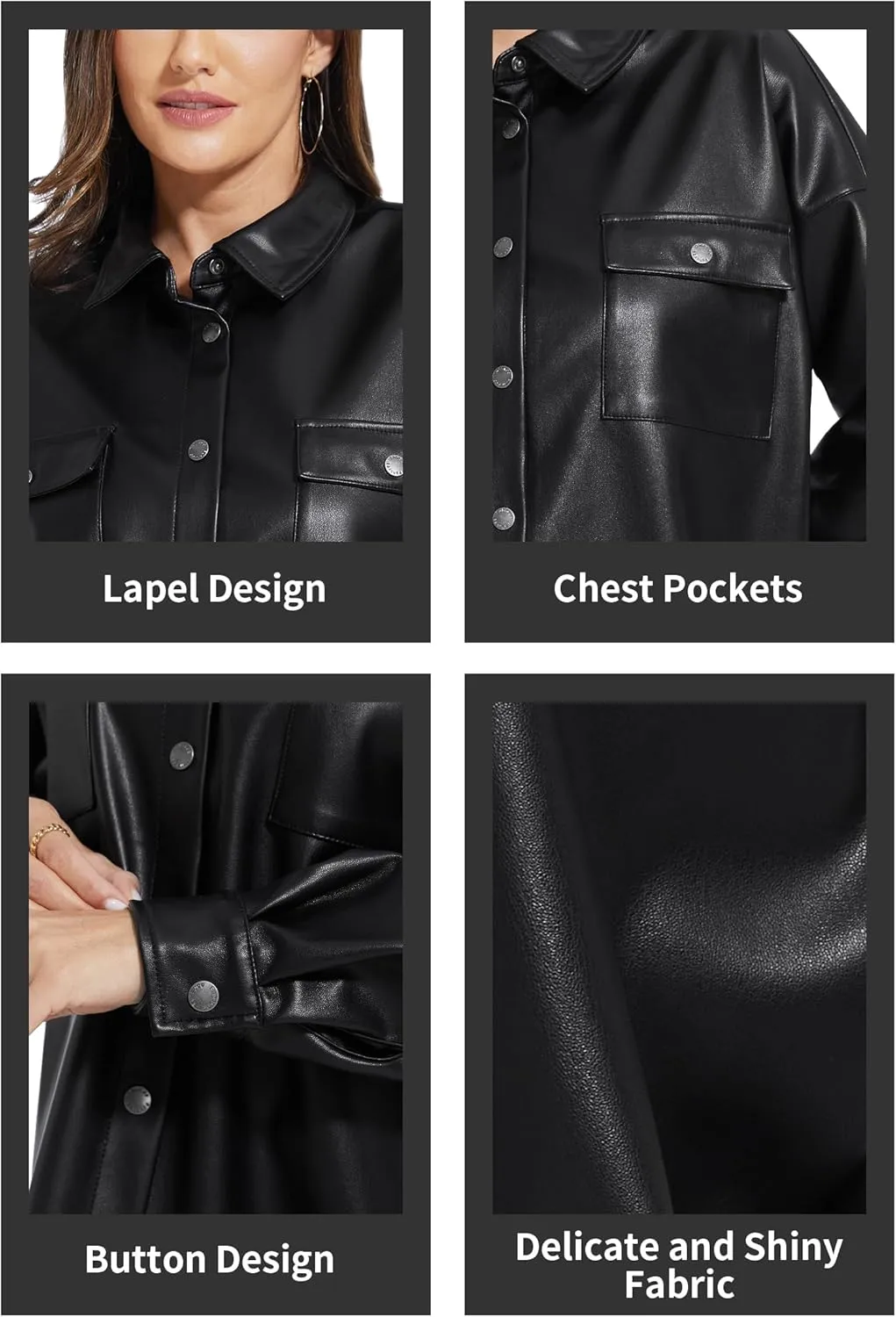 Fahsyee Women Faux Leather Shacket Moto Biker Shirts Loose Fit Blazer Long Sleeves Button Casual Jacket Plus Size S-XXL