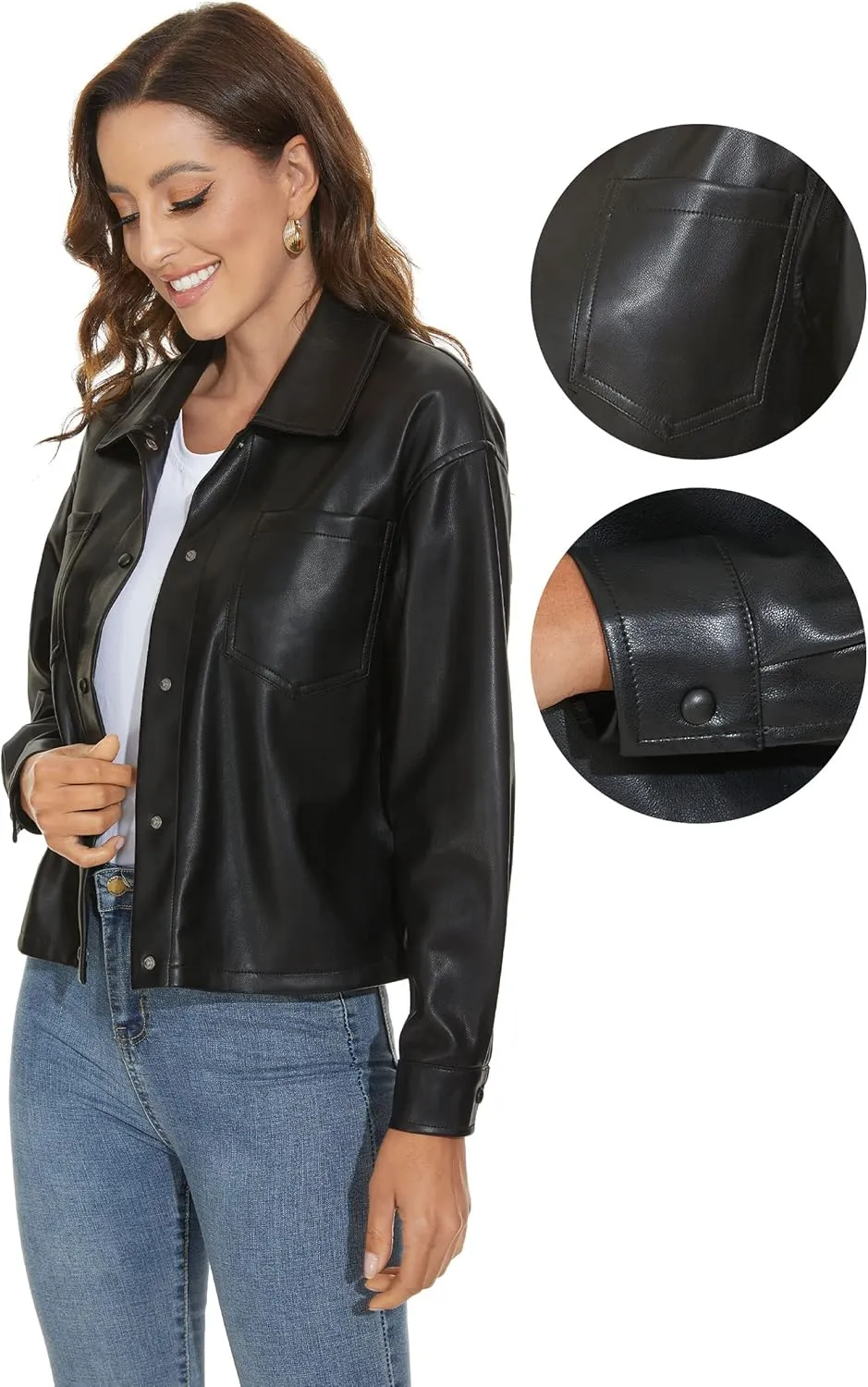 Fahsyee Women Faux Leather Shacket Moto Biker Shirts Loose Fit Blazer Long Sleeves Button Casual Jacket Plus Size S-XXL