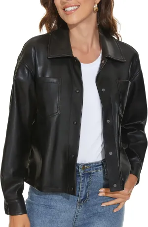 Fahsyee Women Faux Leather Shacket Moto Biker Shirts Loose Fit Blazer Long Sleeves Button Casual Jacket Plus Size S-XXL