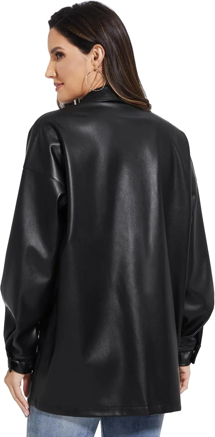 Fahsyee Women Faux Leather Shacket Moto Biker Shirts Loose Fit Blazer Long Sleeves Button Casual Jacket Plus Size S-XXL