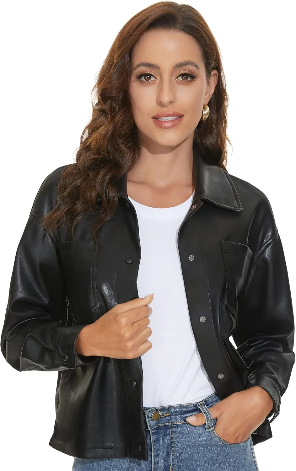 Fahsyee Women Faux Leather Shacket Moto Biker Shirts Loose Fit Blazer Long Sleeves Button Casual Jacket Plus Size S-XXL