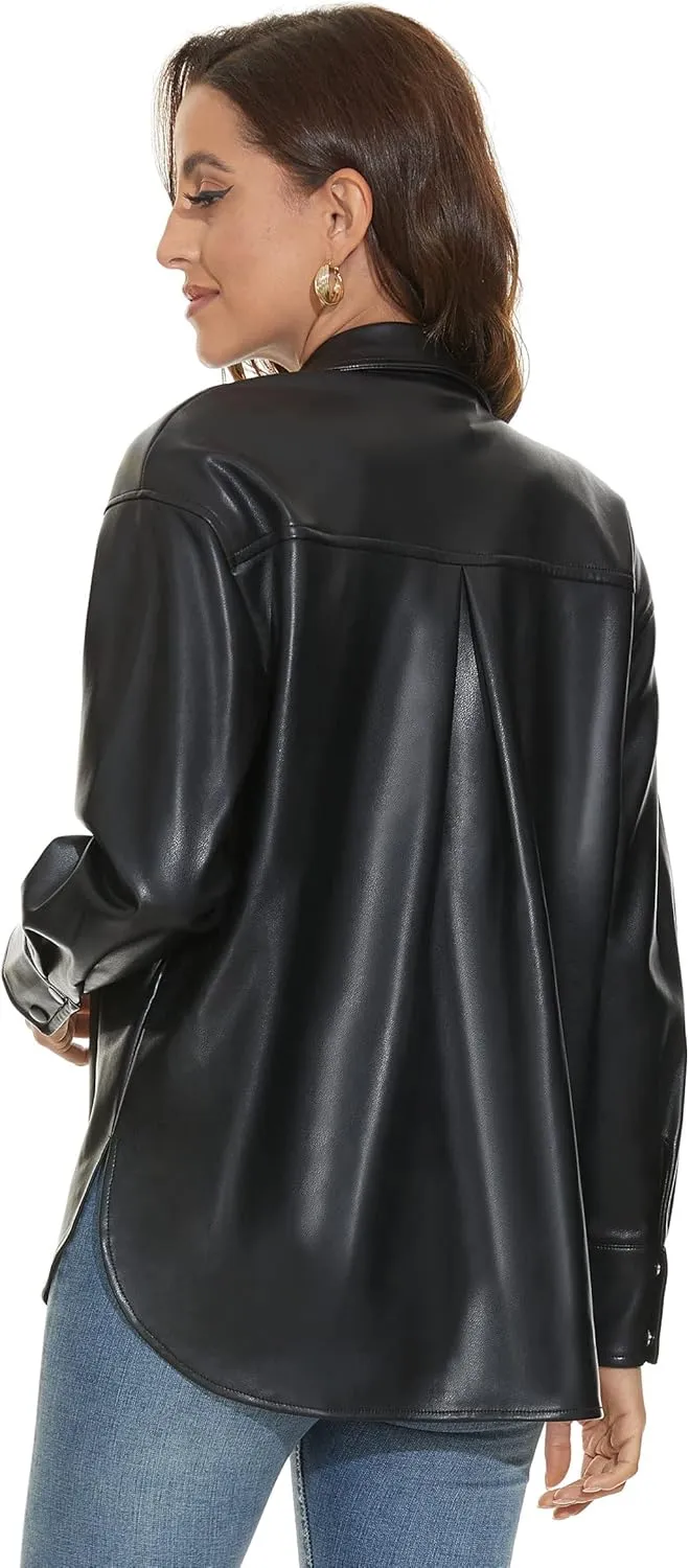 Fahsyee Women Faux Leather Shacket Moto Biker Shirts Loose Fit Blazer Long Sleeves Button Casual Jacket Plus Size S-XXL