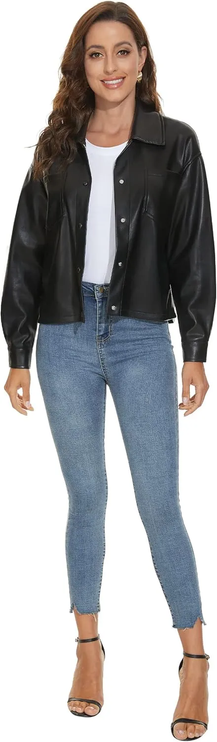 Fahsyee Women Faux Leather Shacket Moto Biker Shirts Loose Fit Blazer Long Sleeves Button Casual Jacket Plus Size S-XXL