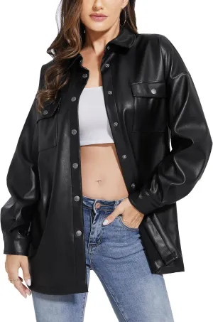 Fahsyee Women Faux Leather Shacket Moto Biker Shirts Loose Fit Blazer Long Sleeves Button Casual Jacket Plus Size S-XXL