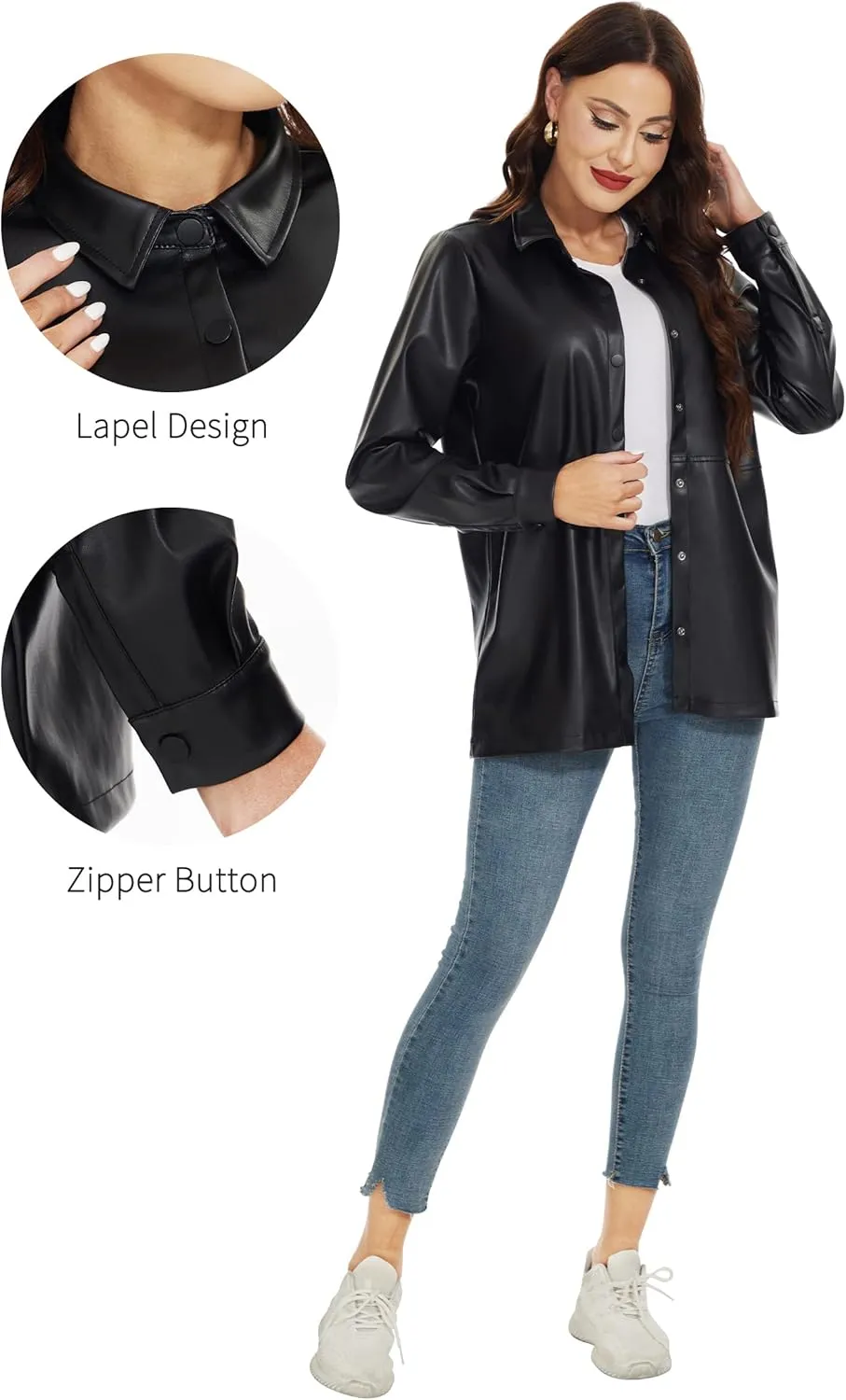 Fahsyee Women Faux Leather Shacket Moto Biker Shirts Loose Fit Blazer Long Sleeves Button Casual Jacket Plus Size S-XXL