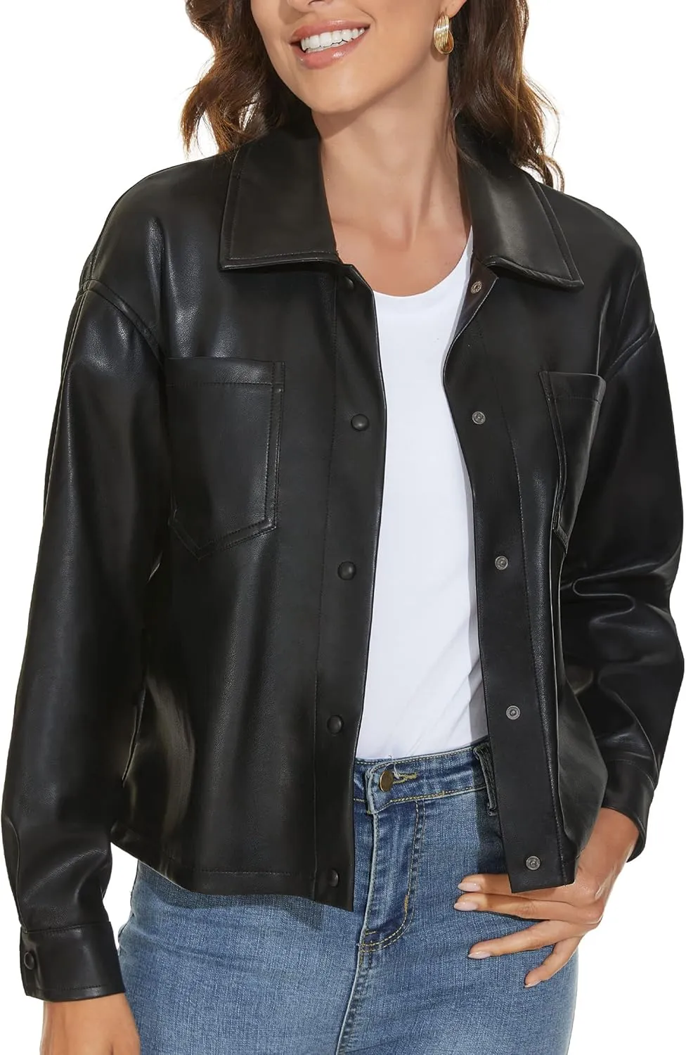 Fahsyee Women Faux Leather Shacket Moto Biker Shirts Loose Fit Blazer Long Sleeves Button Casual Jacket Plus Size S-XXL