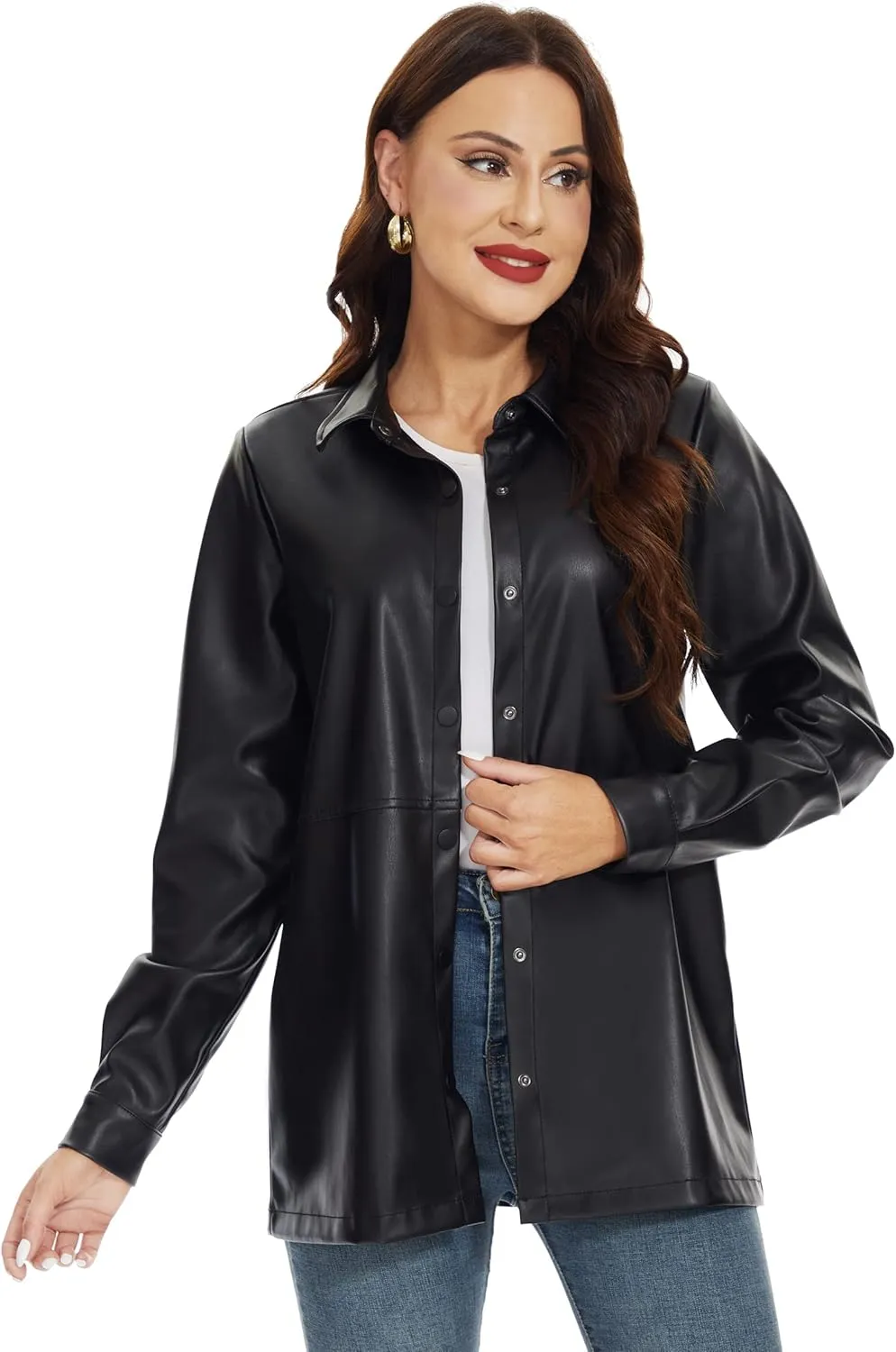 Fahsyee Women Faux Leather Shacket Moto Biker Shirts Loose Fit Blazer Long Sleeves Button Casual Jacket Plus Size S-XXL