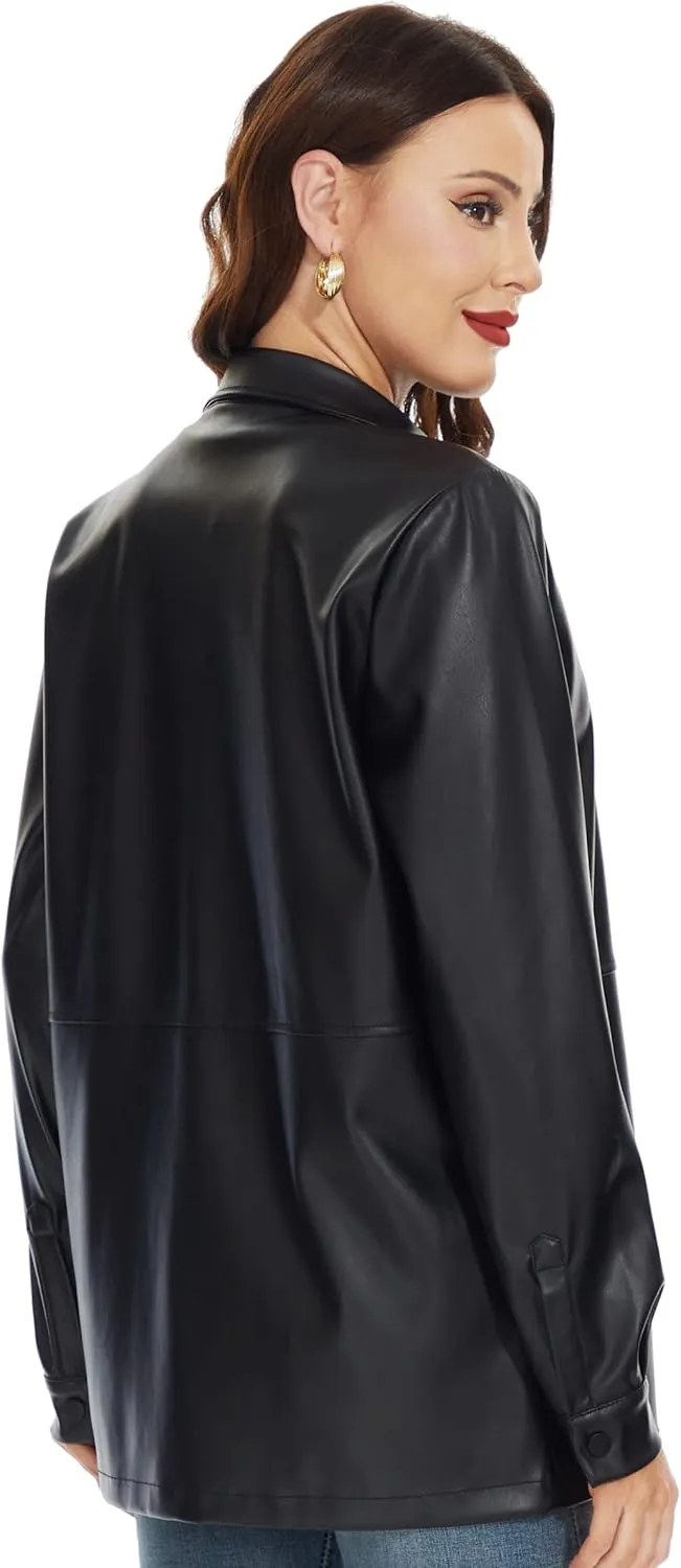 Fahsyee Women Faux Leather Shacket Moto Biker Shirts Loose Fit Blazer Long Sleeves Button Casual Jacket Plus Size S-XXL