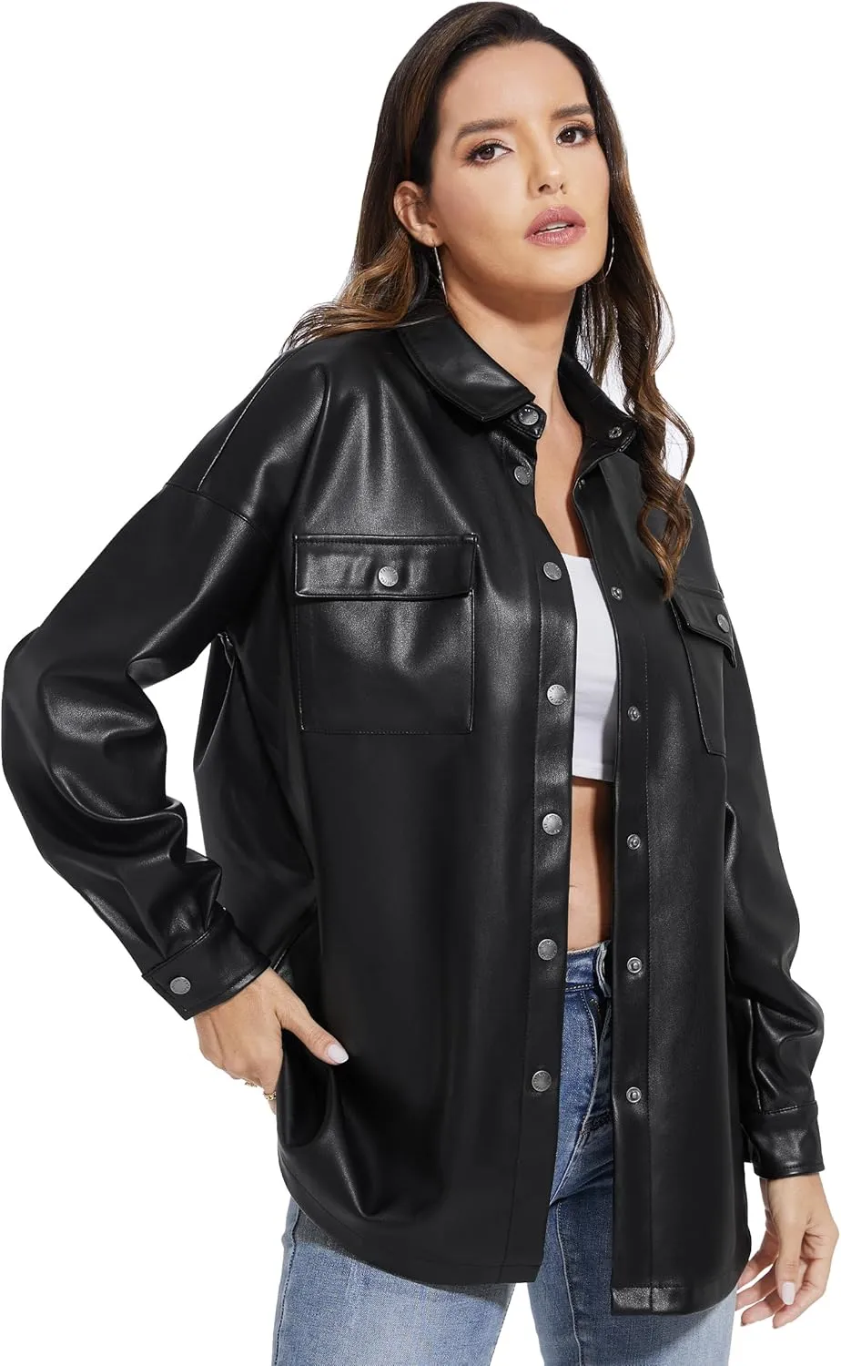 Fahsyee Women Faux Leather Shacket Moto Biker Shirts Loose Fit Blazer Long Sleeves Button Casual Jacket Plus Size S-XXL