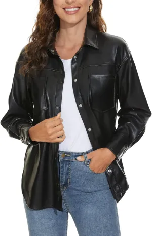 Fahsyee Women Faux Leather Shacket Moto Biker Shirts Loose Fit Blazer Long Sleeves Button Casual Jacket Plus Size S-XXL