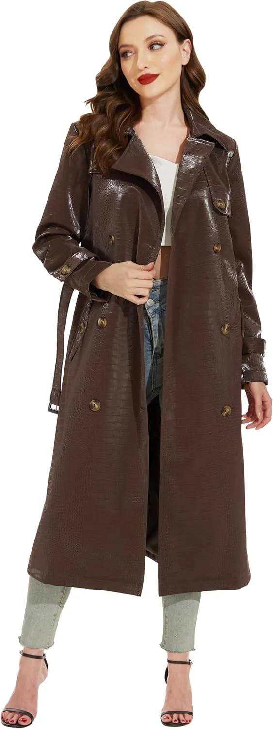 Fahsyee Women's Leather Trench Coat, Faux Motorcycle Plus Size Moto Biker Jacket Short Lightweight Vegan Pleather Fashion
