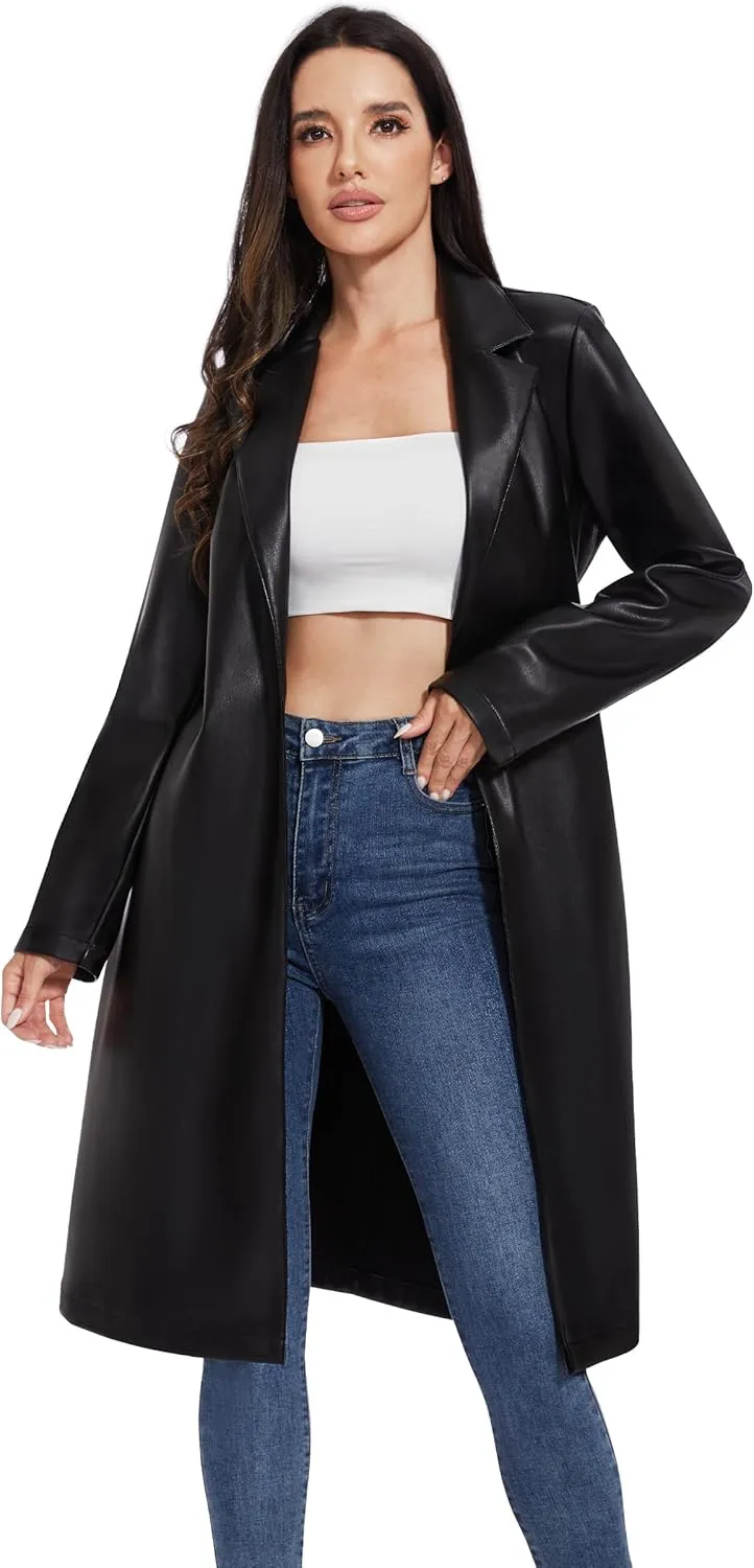 Fahsyee Women's Leather Trench Coat, Faux Motorcycle Plus Size Moto Biker Jacket Short Lightweight Vegan Pleather Fashion