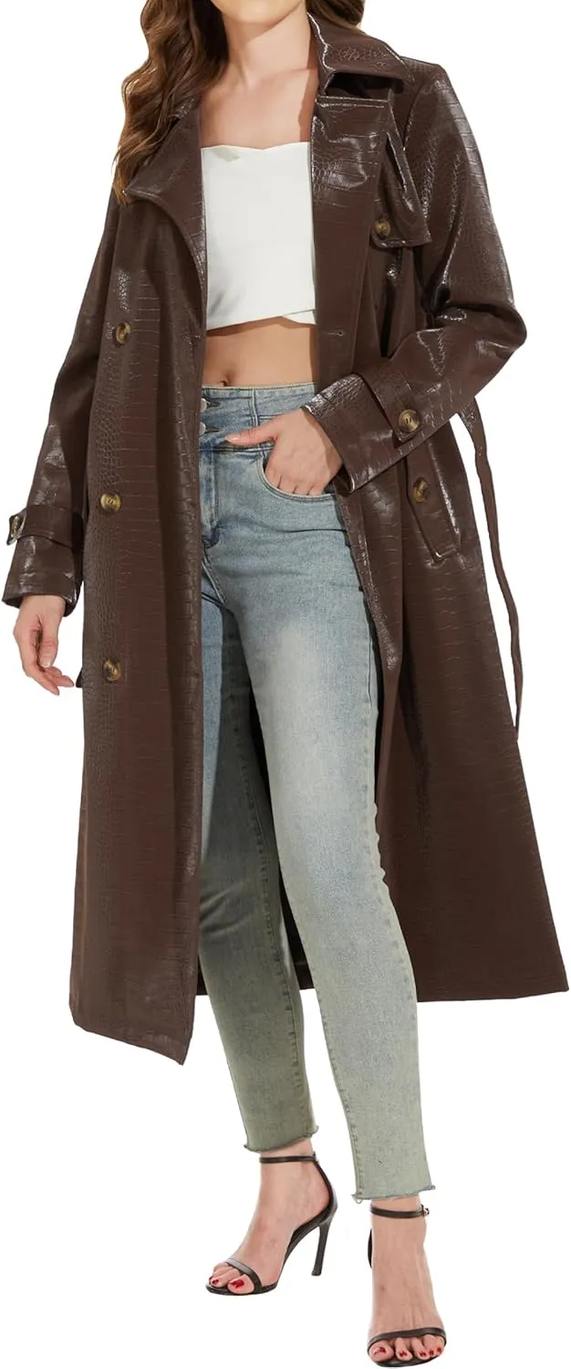Fahsyee Women's Leather Trench Coat, Faux Motorcycle Plus Size Moto Biker Jacket Short Lightweight Vegan Pleather Fashion