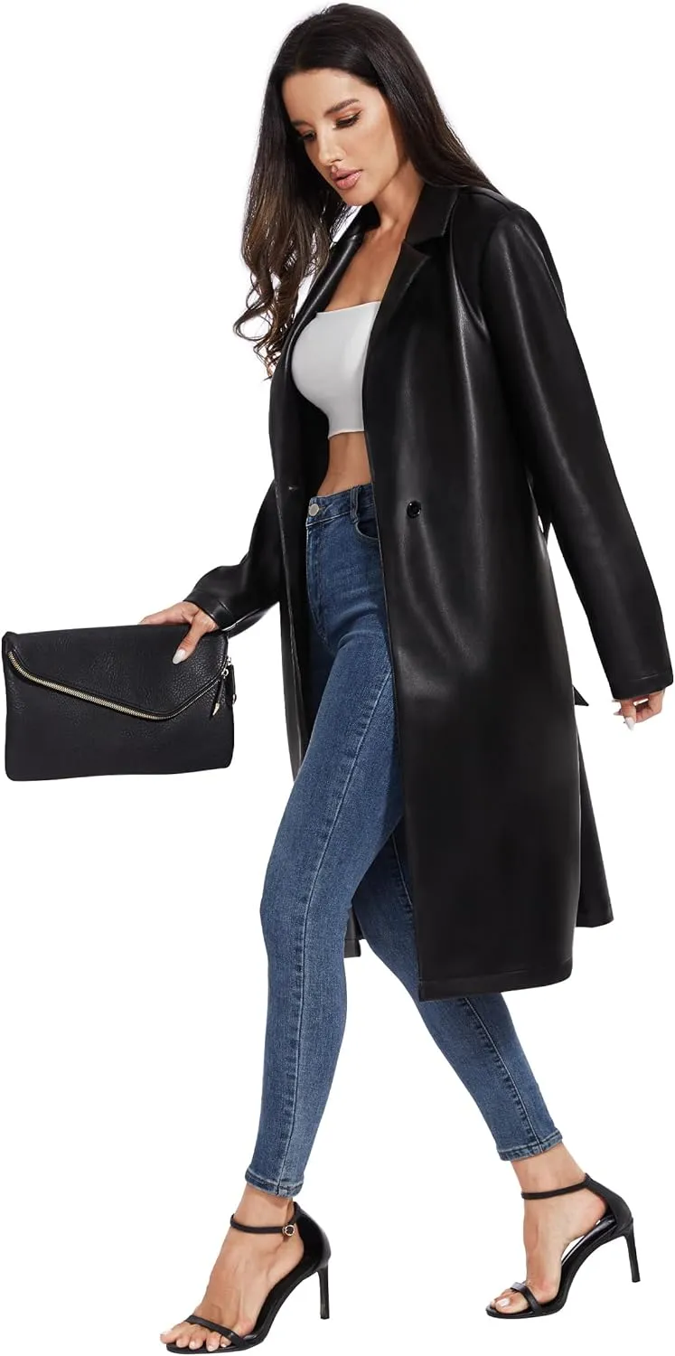 Fahsyee Women's Leather Trench Coat, Faux Motorcycle Plus Size Moto Biker Jacket Short Lightweight Vegan Pleather Fashion