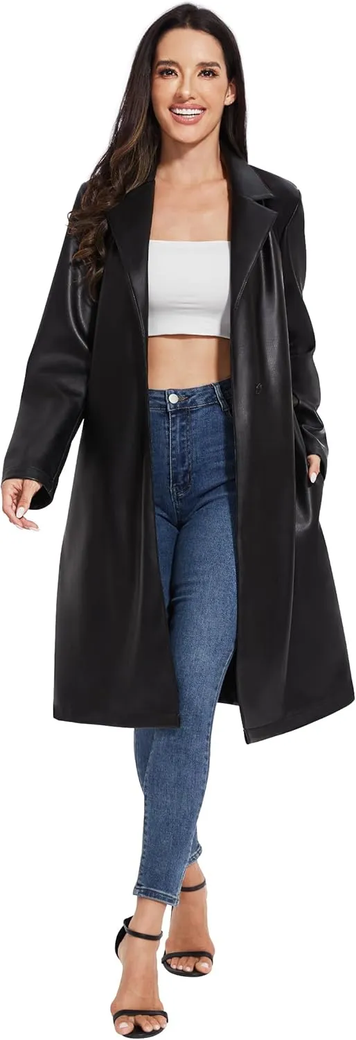 Fahsyee Women's Leather Trench Coat, Faux Motorcycle Plus Size Moto Biker Jacket Short Lightweight Vegan Pleather Fashion