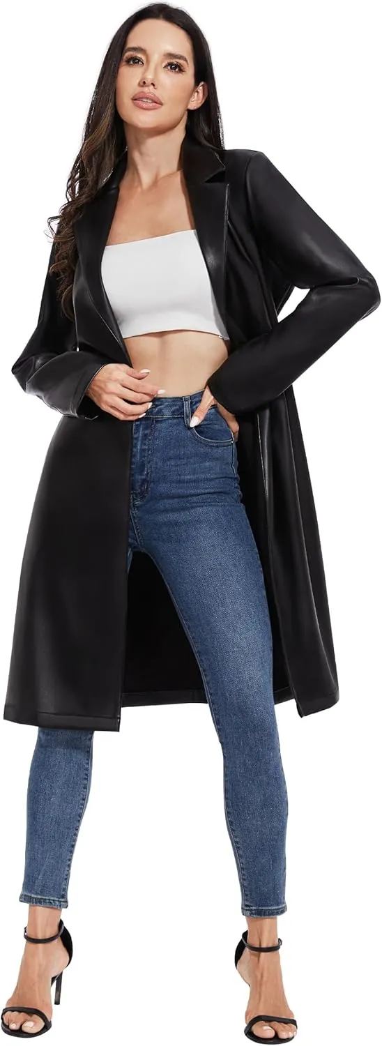 Fahsyee Women's Leather Trench Coat, Faux Motorcycle Plus Size Moto Biker Jacket Short Lightweight Vegan Pleather Fashion