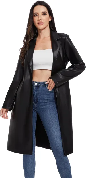 Fahsyee Women's Leather Trench Coat, Faux Motorcycle Plus Size Moto Biker Jacket Short Lightweight Vegan Pleather Fashion