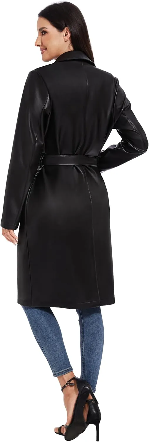 Fahsyee Women's Leather Trench Coat, Faux Motorcycle Plus Size Moto Biker Jacket Short Lightweight Vegan Pleather Fashion