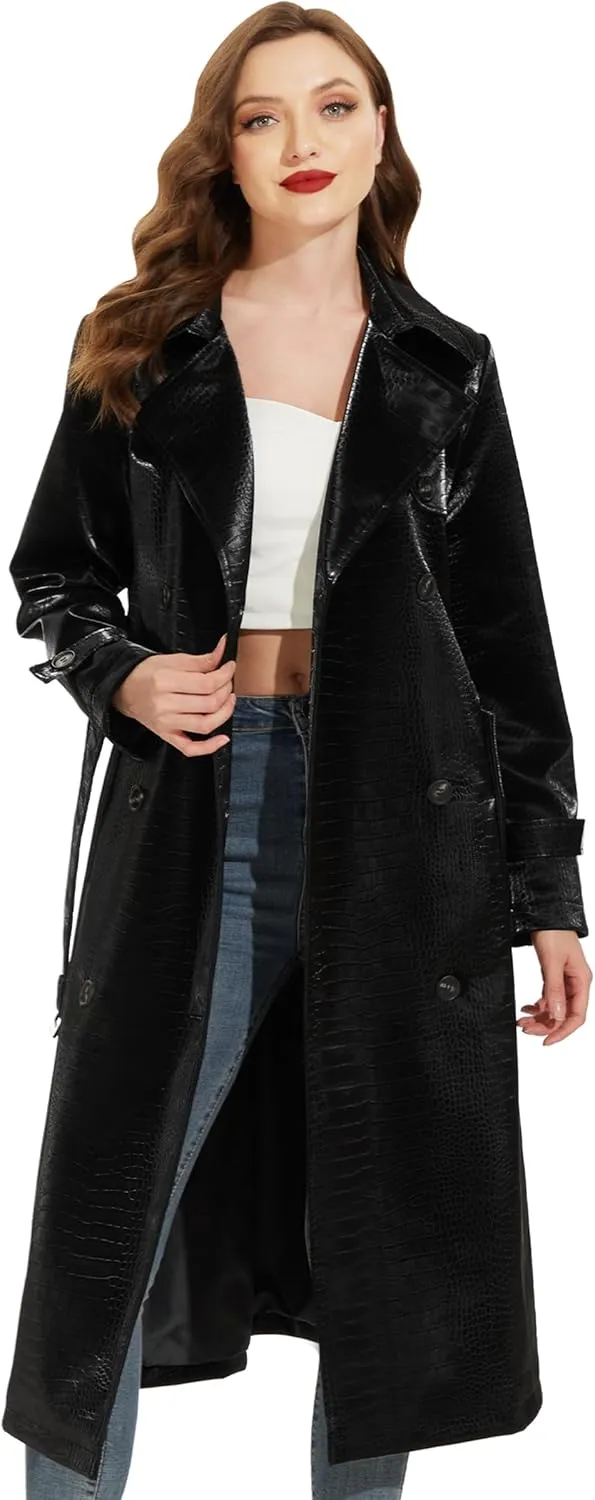 Fahsyee Women's Leather Trench Coat, Faux Motorcycle Plus Size Moto Biker Jacket Short Lightweight Vegan Pleather Fashion