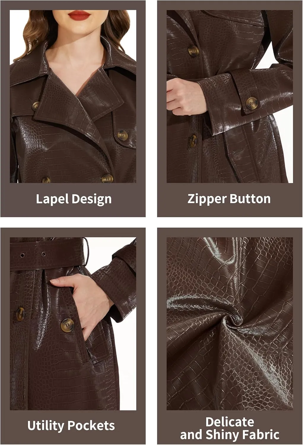 Fahsyee Women's Leather Trench Coat, Faux Motorcycle Plus Size Moto Biker Jacket Short Lightweight Vegan Pleather Fashion