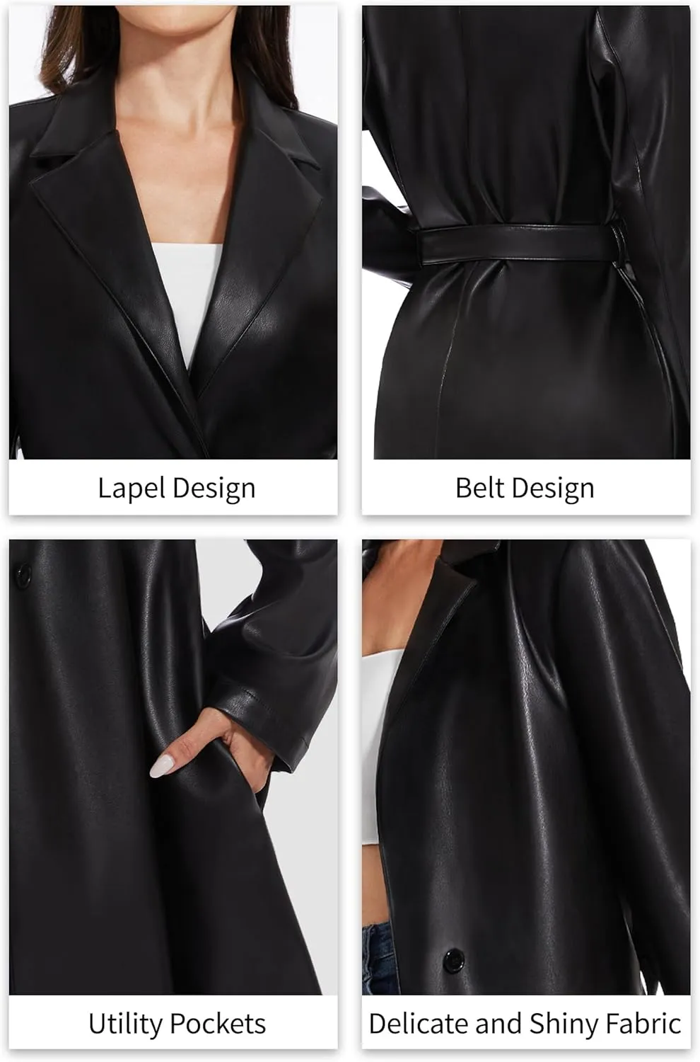Fahsyee Women's Leather Trench Coat, Faux Motorcycle Plus Size Moto Biker Jacket Short Lightweight Vegan Pleather Fashion