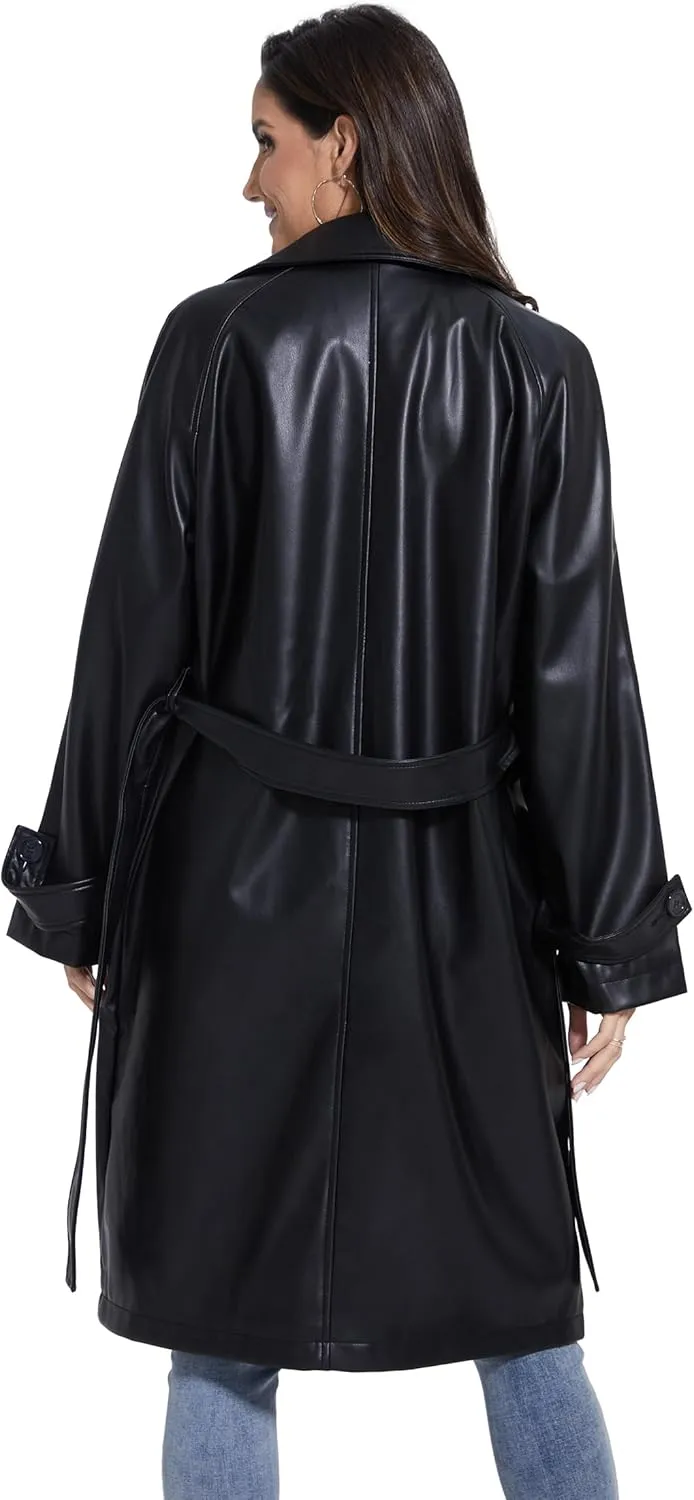 Fahsyee Women's Leather Trench Coat, Faux Motorcycle Plus Size Moto Biker Jacket Short Lightweight Vegan Pleather Fashion