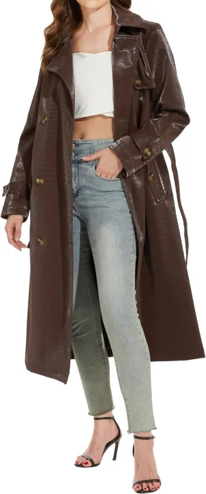 Fahsyee Women's Leather Trench Coat, Faux Motorcycle Plus Size Moto Biker Jacket Short Lightweight Vegan Pleather Fashion