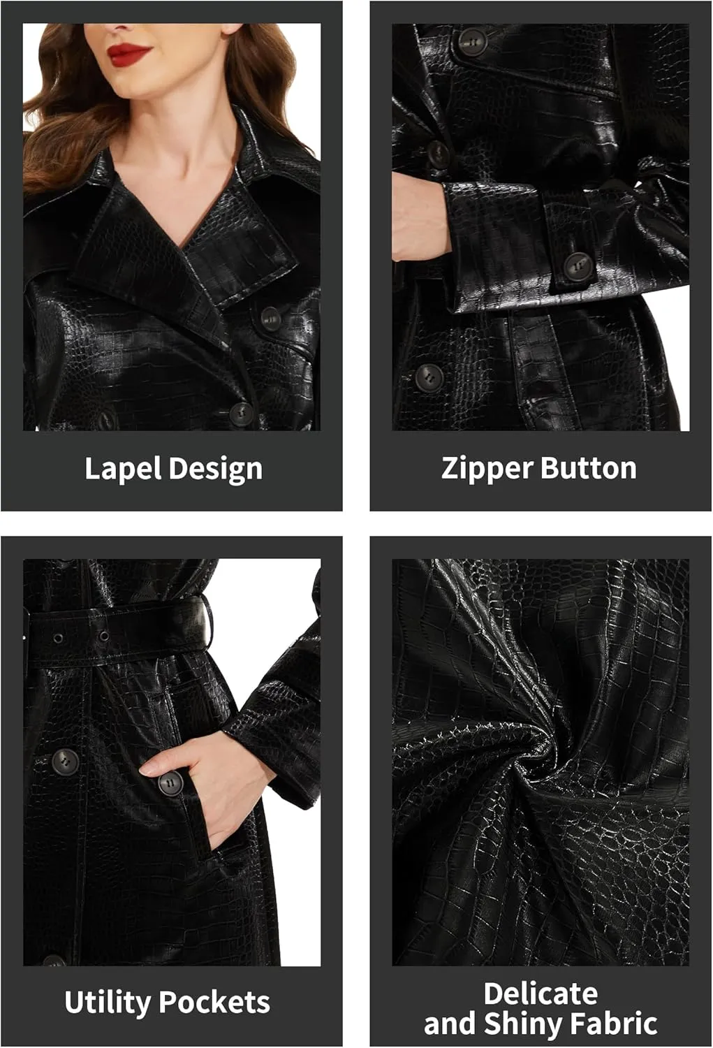 Fahsyee Women's Leather Trench Coat, Faux Motorcycle Plus Size Moto Biker Jacket Short Lightweight Vegan Pleather Fashion