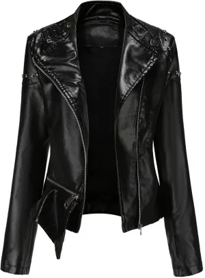 Faux Leather Jacket for Women Bomber Jacket Trendy Studded Rivet Long Sleeve Leather Jackets Moto Coat for Biker