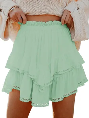 Flowy Boho Skorts for Women, High Waist Ruffle Tiered Mini Skirts with Built, Crochet, Cute Versatile Shorts