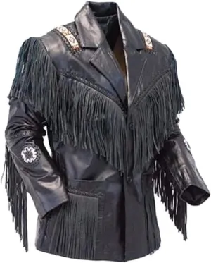 Fringe Cowboy Leather Jacket for Men - (Color - Black) (Small)