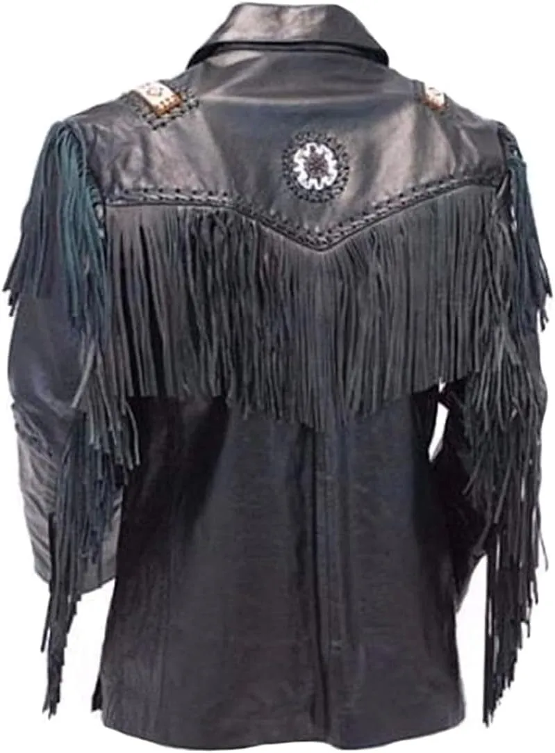 Fringe Cowboy Leather Jacket for Men - (Color - Black) (Small)