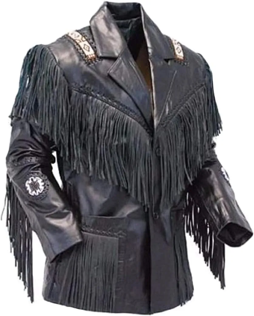 Fringe Cowboy Leather Jacket for Men - (Color - Black) (Small)